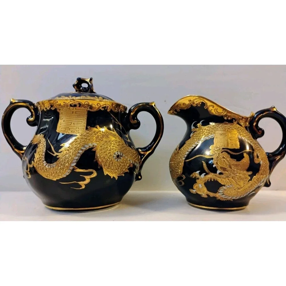 Vtg Chinese Fuzhou Lacquer Dragon Creamer & Sugar Bowl Set Black Gold Collect